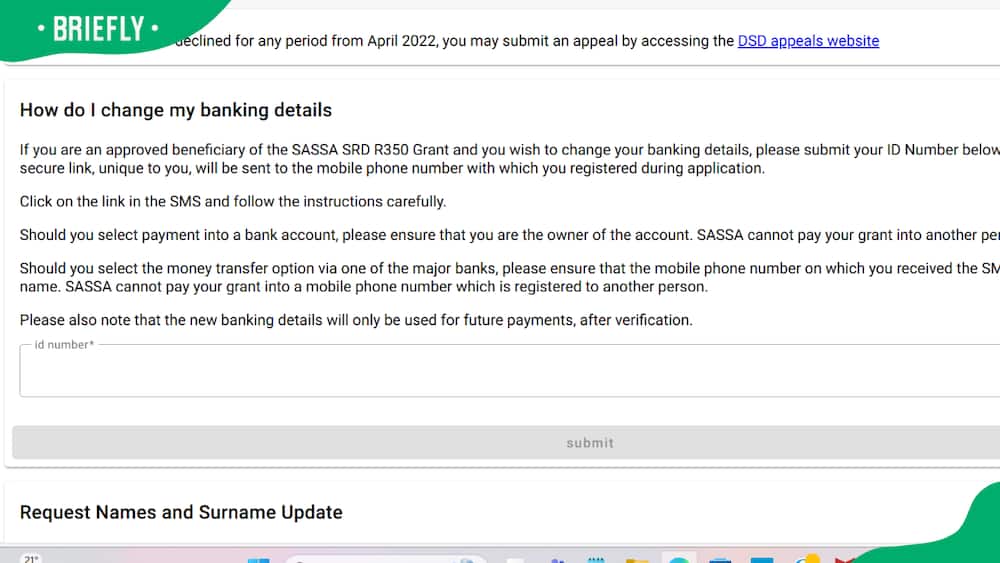 Screenshot of SASSA banking details update page