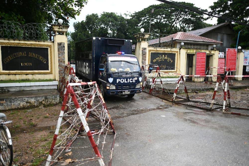 File photo of a police truck leaving Insein Prison in Yangon, where many anti-coup activists and pro-democracy leaders are being held