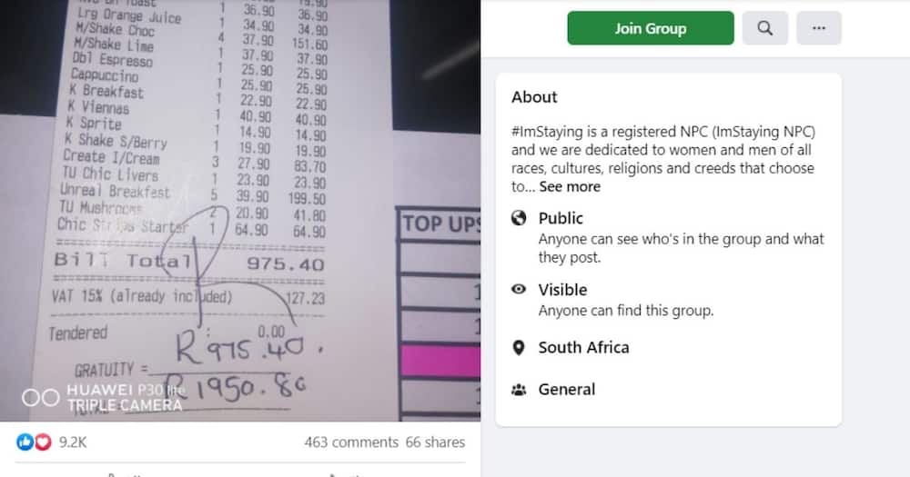Waitress Nqobile Ngobese recently received a 100% tip from her customer. Image: Facebook