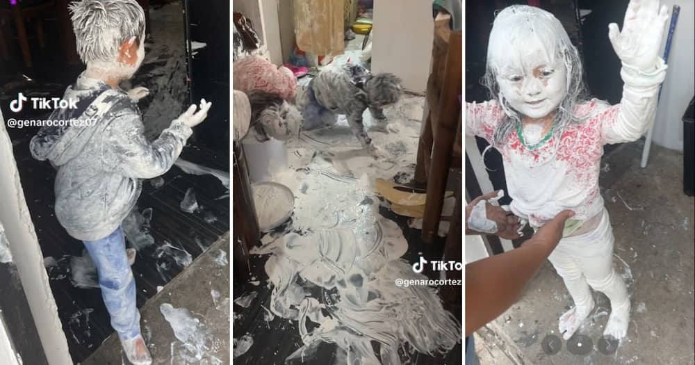 kids playing with white paint inside the house