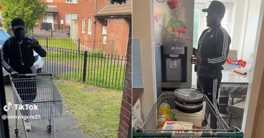 Man excited to shop at mom's house with shopping cart