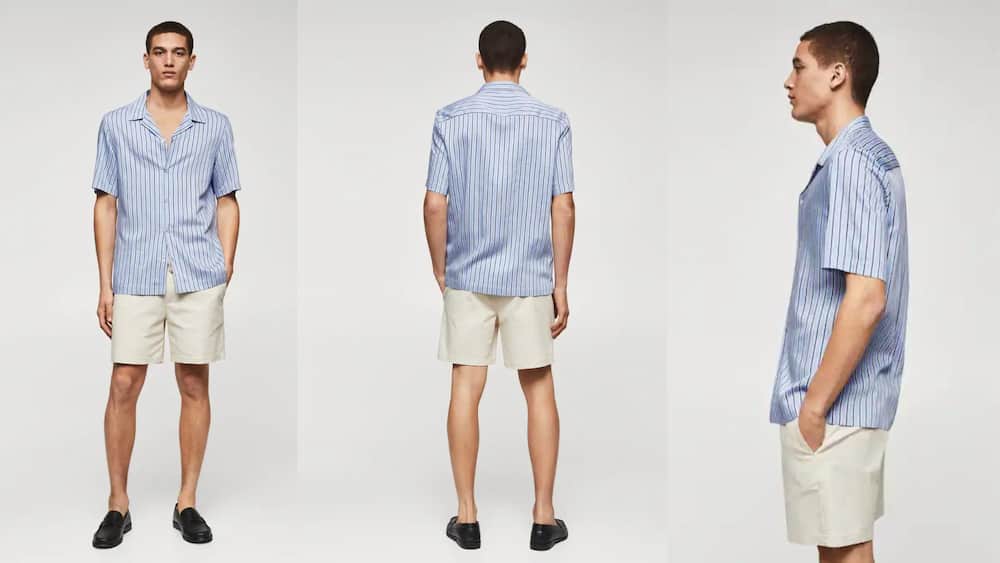 Striped print blue short-sleeved shirt with bowling collar and matching white shorts