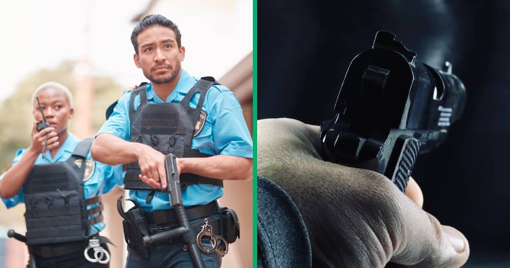 Stock images of security personnel and a hand holding a firearm