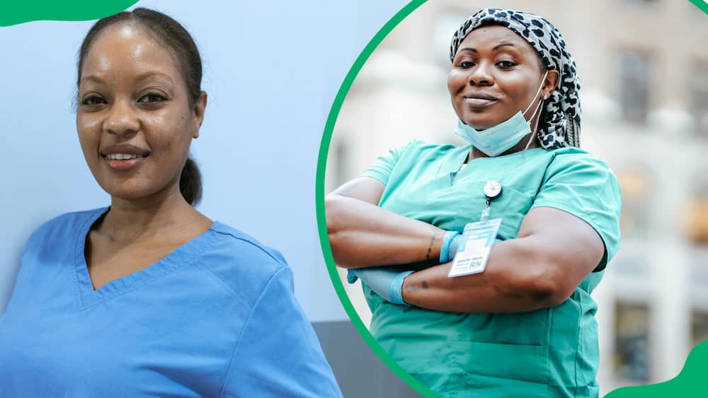Nurse ladies in blue and green scrubs