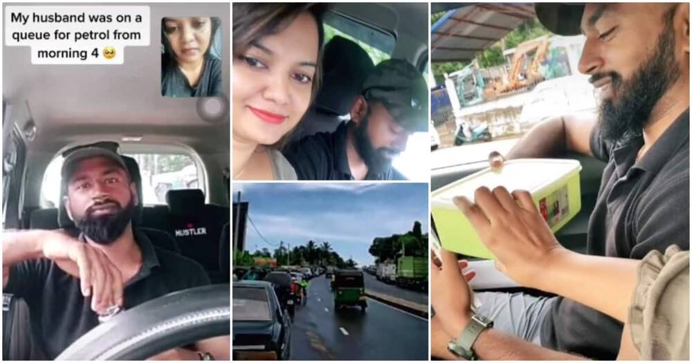 Fuel queue, Sri Lanka, wife takes food to husband, wife takes food to hubby in traffic