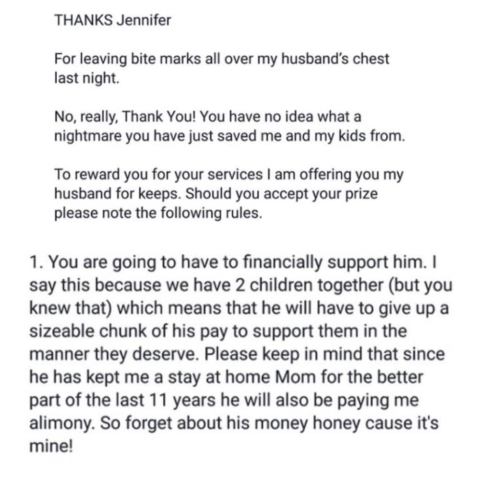 Wife sends her husband's mistress a brilliant thank you letter