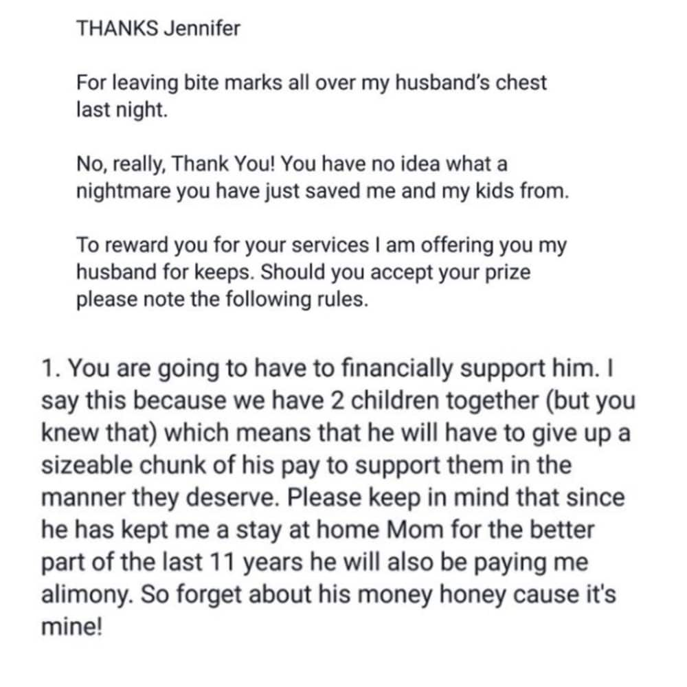 Wife Sends Her Husbands Mistress A Brilliant Thank You Letter Za 