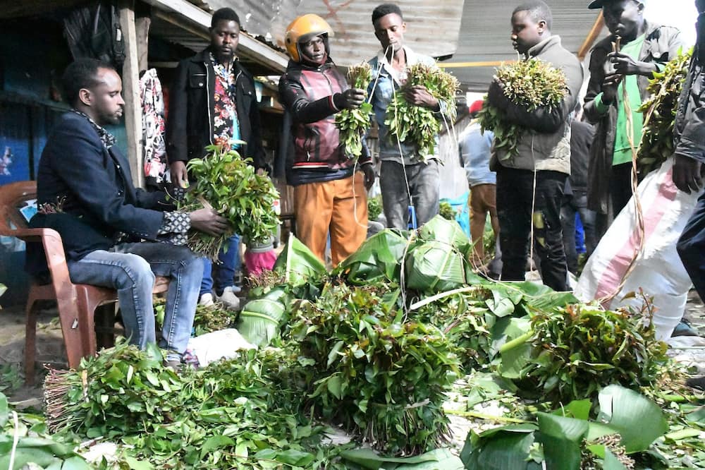 Khat traders show at an open air market in the central Kenyan town of Maua