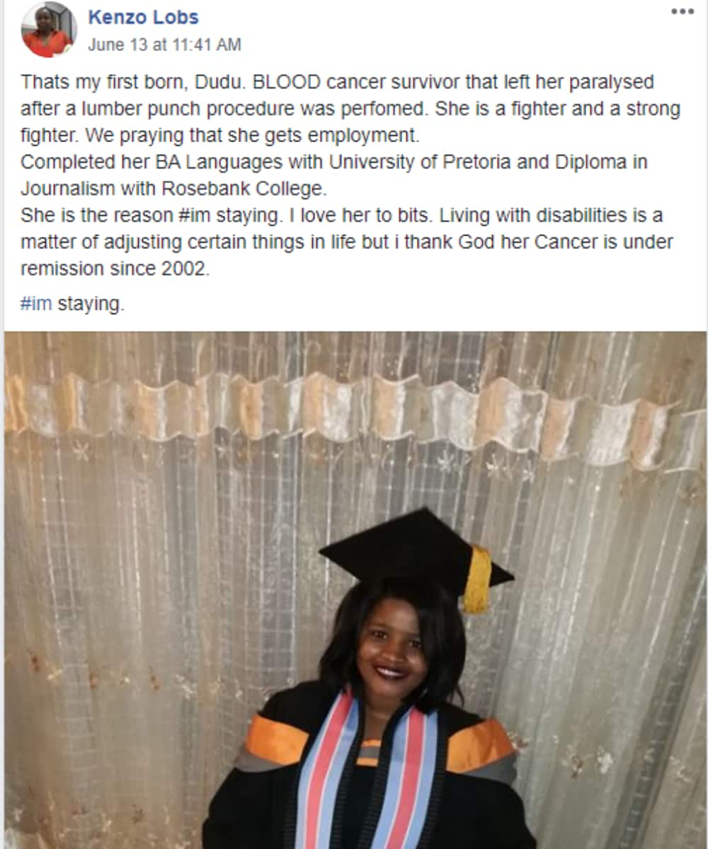 SA inspired by lady who beat cancer and graduated with degree