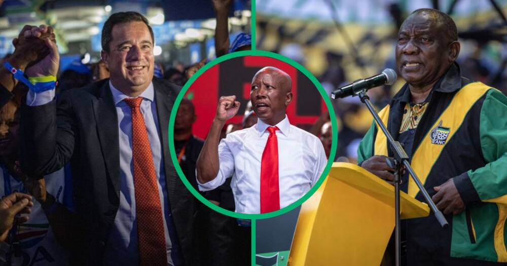 John Steenhuisen from the DA, Julius Malema from the EFF and Cyril Ramaphosa from the ANC campaigning ahead of the South African national elections in 2024.