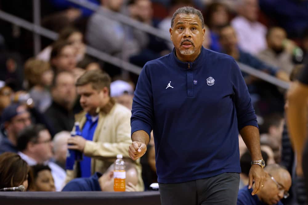 Ed Cooley of the Georgetown Hoyas reacts during the first half of a game against the Seton Hall Pirates