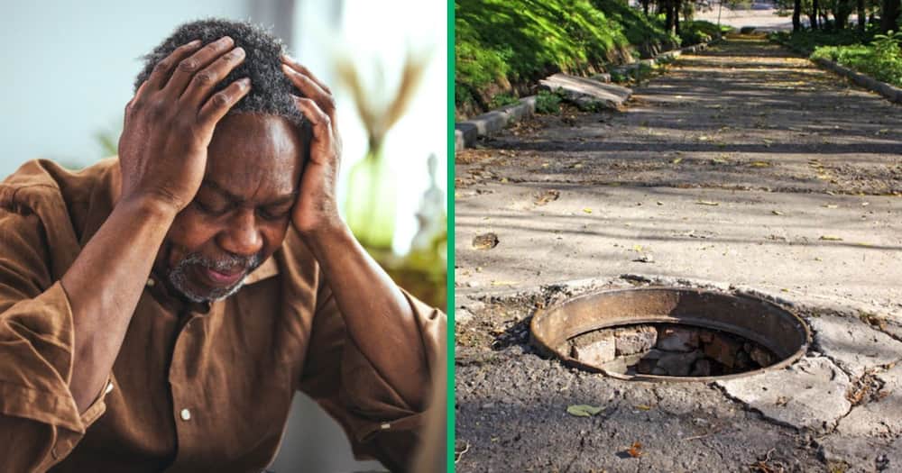 Stock photos of a stressed man and a manhole