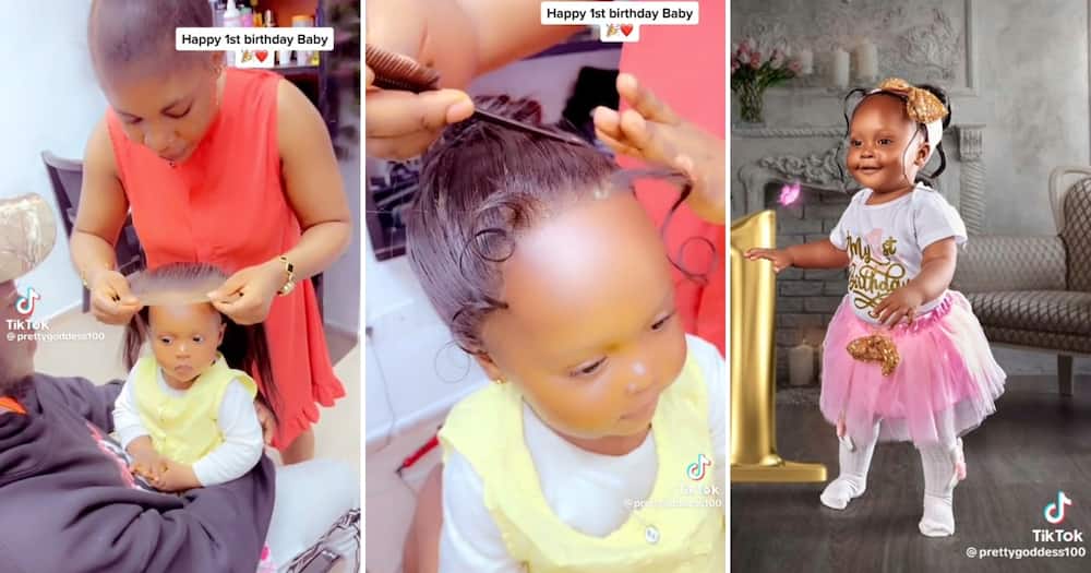 A video of a one-year-old girl getting a full frontal wig installed