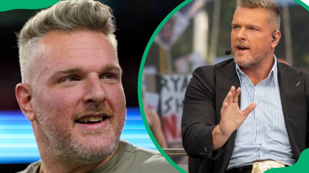Pat McAfee attending the 2023 Goodyear Cotton Bowl (L). The media personality during the ESPN College GameDay broadcast in 2023 (R)