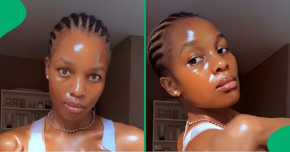 Woman uses fish oil and vitamin E oil for glowing skin.