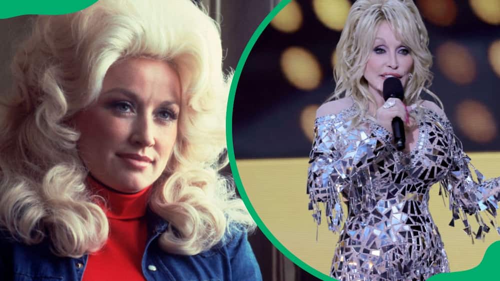 A portrait of Dolly Parton at the Holiday Inn (L). The songwriter attending the 57th Academy of Country Music Awards (R)