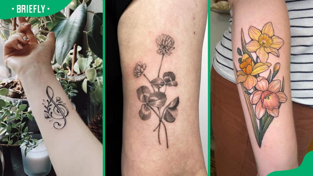Flower and music note (L), clover (C) and daffodil flower tattoo (R)