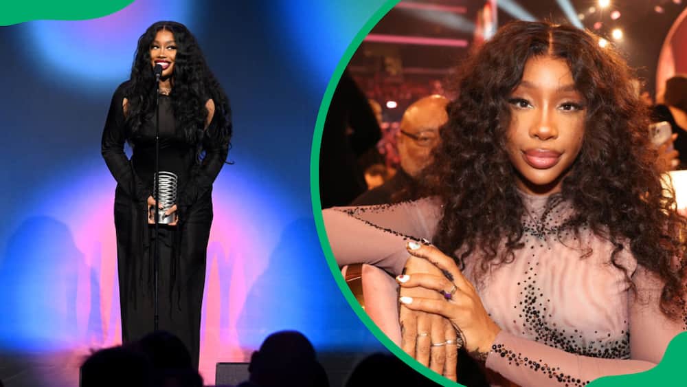 Sza speaking onstage during the 27th Annual Webby Awards (L). SZA during the 66th Grammy Awards at Crypto.com Arena (R)