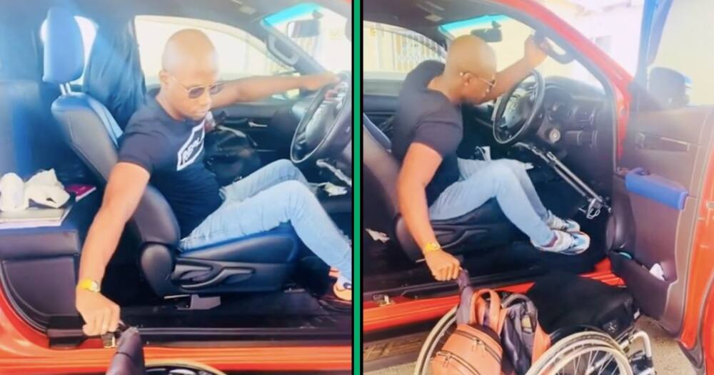 A man shows how he gets onto his car even though he is wheelchair-bound