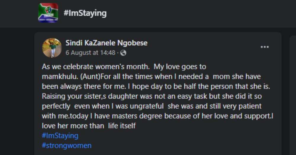 A South African payed tribute to her aunt on women's day