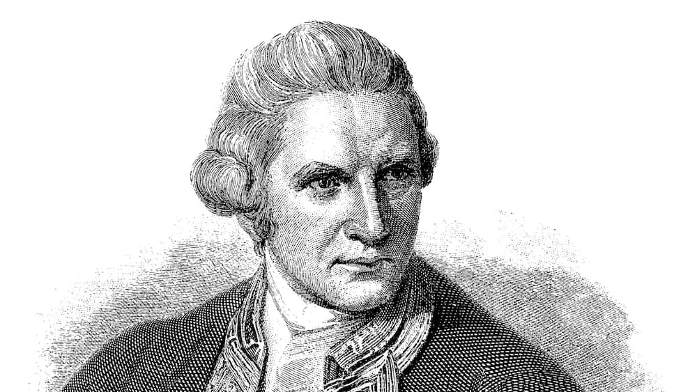 A black and white portrait of British navigator James Cook.