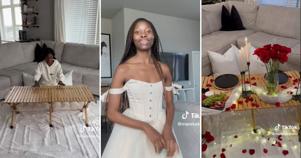 TikTok user @marekakarabo shared a video showing how she transformed her lounge into a stunning and romantic floor picnic