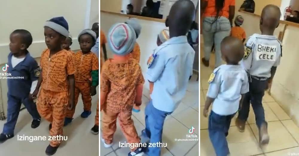 Preschool kids dressed up as police officers and prison inmates