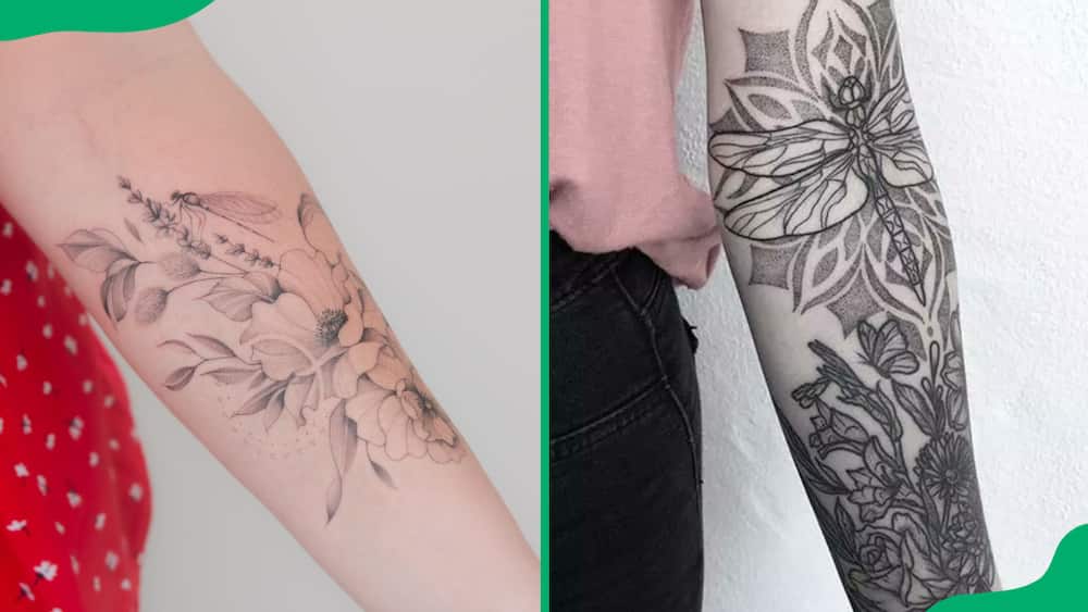 Floral dragonfly forearm tattoo